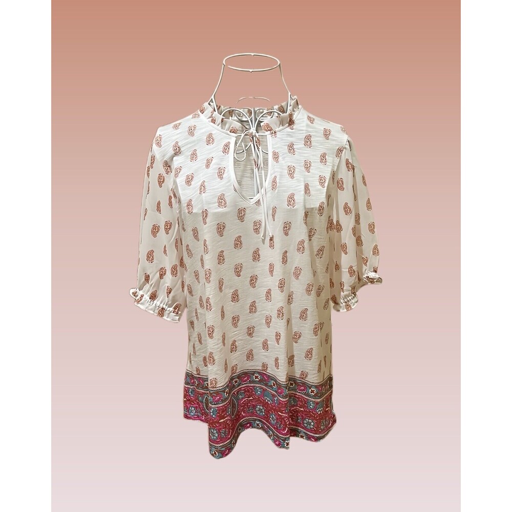 "Lucky Brand" Women's Boho Paisley V Neck Top Balloon Sleeves Medium , NWT